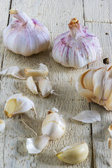 Garlic bulbs on wooden table
