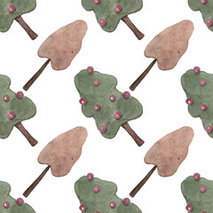 Contrast of seasons. Autumn and winter trees: conifers and deciduous. Seamless pattern for your design. White background