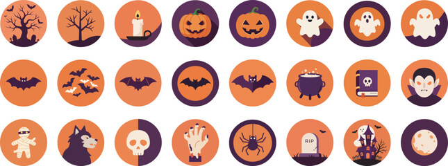 24 Halloween-themed icons in circular frames on gradient background