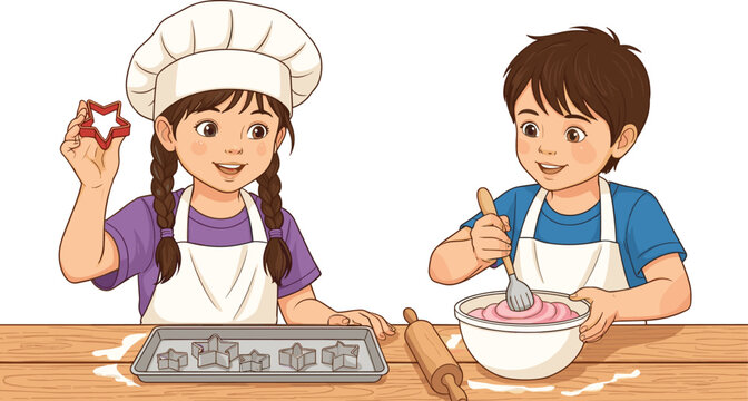 Children baking cookies, kid chefs, cooking activity, teamwork in kitchen, fun learning, flour mess, holiday treats, creative play, culinary skills
