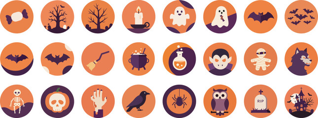 24 Halloween-themed flat icons in a symmetrical grid with orange and purple gradient background
