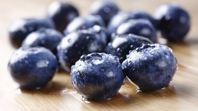 Fresh blueberries with water droplets on wooden surface - Powered by Adobe