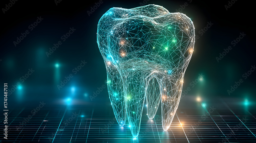 Wall mural 3d wireframe of a tooth with blue green and white gradient on dark background high-tech futuristic p