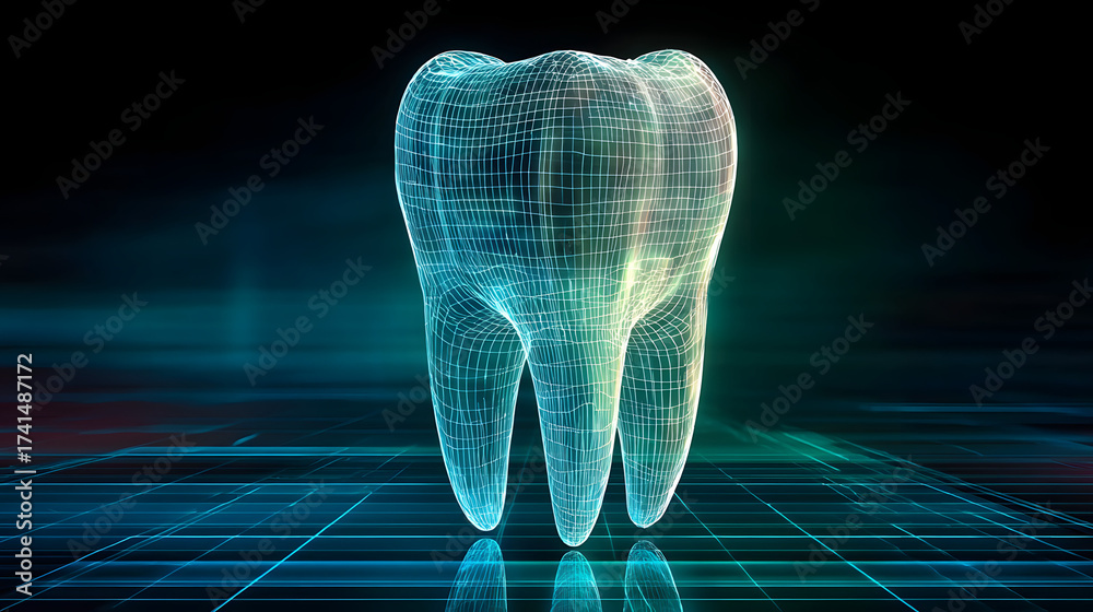 Wall mural 3d wireframe of a tooth with blue green and white gradient on dark background high-tech futuristic p