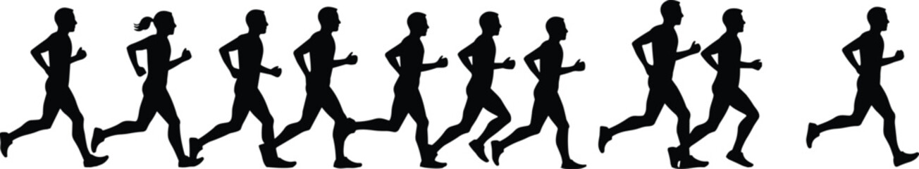 Group of running people silhouettes, jogging men and women illustration, fitness training design, healthy lifestyle vector art, exercise activity background