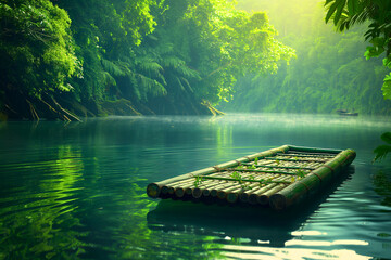 Bamboo raft floating on calm river in tropical forest morning light