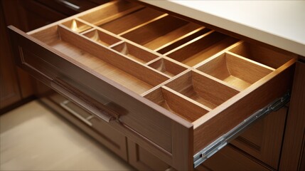 Wooden kitchen drawer with organizational dividers for cutlery and utensils