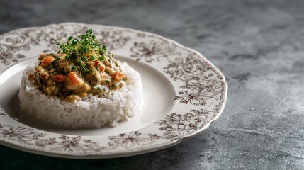 Gumbo plated with rice flower pattern, white porcelain plate, minimal gray backdrop