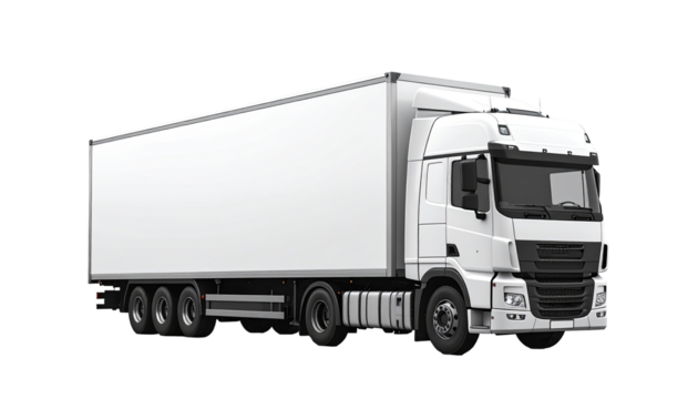 White semi-truck and trailer,  isolated on black.  Blank cargo area.  Modern design.  Heavy-duty construction.  Front view.  Commercial vehicle