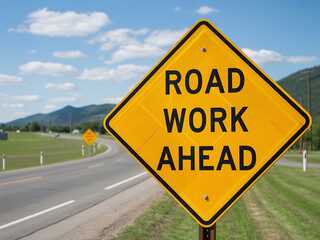 Bright yellow diamond shaped road work ahead warning sign stands prominently beside a winding highway with distant mountains under a blue sky with clouds