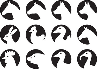 vector animal head icons collection minimalist black white circular silhouettes for ui logo badges ai eps png jpeg