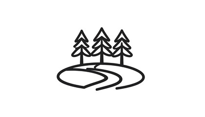 Simple, outlined graphic of three trees on a small, hilly landscape