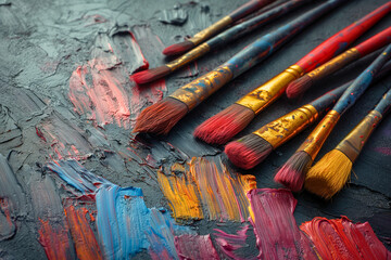 Paintbrushes with colorful paint strokes on textured canvas surface