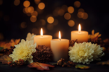 Candles flickering in the dark, surrounded by chrysanthemums and autumn leaves, soft bokeh background, high quality stock photo, natural light, ultra realistic
