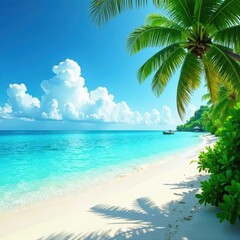 Obraz premium Azure waters lap pristine white sand, lush tropical foliage thrives , shadow, breathtaking