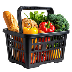Black plastic grocery basket filled with fresh produce and bread