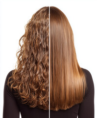 Une comparaison d'une vue arri&egrave;re d'une femme aux cheveux longs : le c&ocirc;t&eacute; gauche est mouill&eacute;, ondul&eacute; et d&eacute;coiff&eacute;, tandis que le c&ocirc;t&eacute; droit est sec, lisse et coiff&eacute;