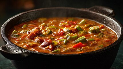 Vegetarian gumbo with okra and peppers, cast iron pot, dark moody backdrop