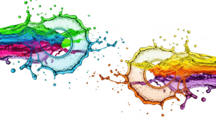 Vibrant rainbow colored liquid splashes intertwining in dynamic motion isolated on transparent background
