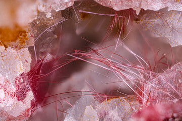 Red Chalcotrichite (elongated cuprite). Specimen from Clara Mine, Oberwolfach, Germany. Micro photography extreme close-up. microscope mineral crystal photography for Scientific use.