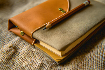 Leather Notebook with Pencil on Rustic Fabric Background