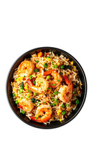 Fried rice with shrimp in a dark bowl