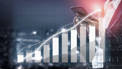 A business professional engages with a smartphone amidst financial graphs and a dynamic city backdrop, symbolizing analysis and growth in the finance sector. Copula