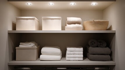 Organized shelves with tidy towels and storage bins in modern interior design
