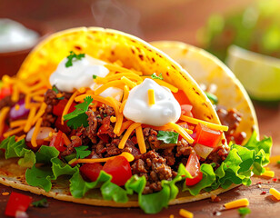 Hot beef taco with fresh vegetables, shredded cheese and sour cream, closeup. AI