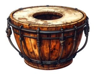 Wooden drum with a large, central hole.  Ornate metal bands encircle the drum