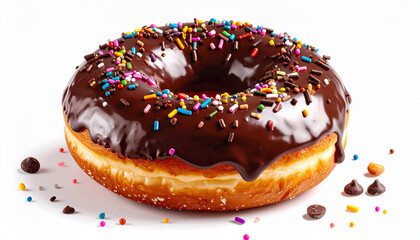 Frosted chocolate donut, white background. AI