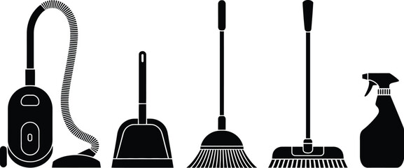 Naklejka premium Cleaning supplies vector set vacuum cleaner broom mop spray bottle dustpan design