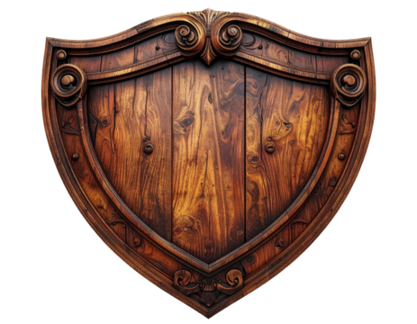 Ornate wooden shield.  Decorative, carved, brown,  shield-shaped,  wood panel,  vintage,  ancient,  medieval,  defense,  protection