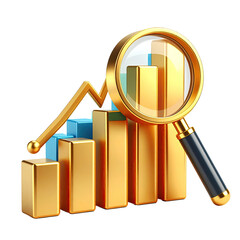 3D graphic of a magnifying glass focusing on a rising bar chart.  Gold bars and a light blue ascending line