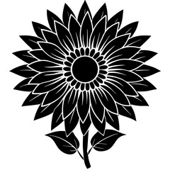 Striking black silhouette illustration of a single blooming sunflower showcasing its detailed petals and stem against a clean background perfect for floral designs