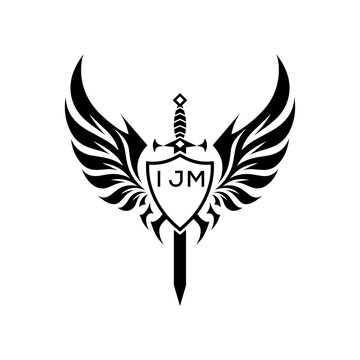 Winged Sword and Shield Logo Design, Tribal Warrior Emblem Vector, IJM Later Logo, 
