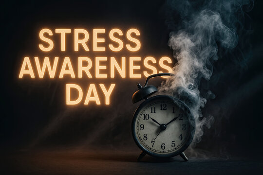 Vintage alarm clock with smoke and glowing text highlighting stress awareness day concept
