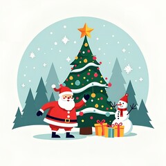 Flat Design Christmas Illustration with Santa Claus, Snowman, Christmas Tree and Gifts