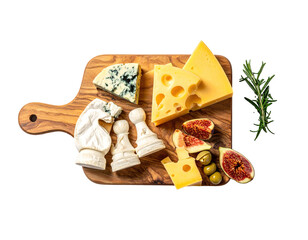 Assorted cheeses and figs on wooden board