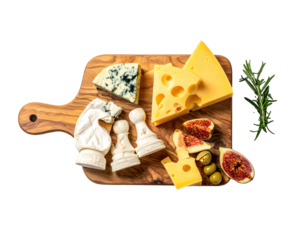 Assorted cheeses and figs on wooden board