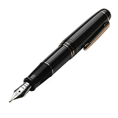 High-angle, close-up view of a black fountain pen.  The pen is glossy black with a rose gold-colored trim around the clip and the nib.  The nib is pointed and extends downward