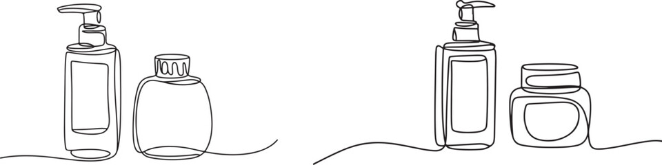 Minimalist Continuous Line Drawing of Cosmetic Bottles – Modern Skincare Outline Illustration