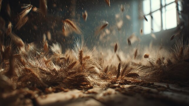 Close up of wheat chaff dispersing in sunlight inside a rustic barn
