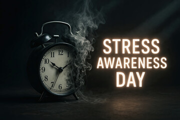Alarm clock with smoke and glowing text representing stress awareness day concept