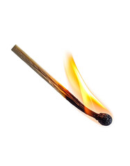 A single matchstick burning.  A wooden matchstick angled diagonally, with a bright flame engulfing the tip.  Dark background isolates the match