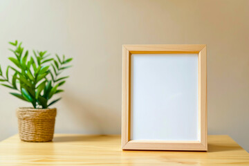 Wooden photo frame on table with potted plant in natural light &ndash; modern minimalist home interior