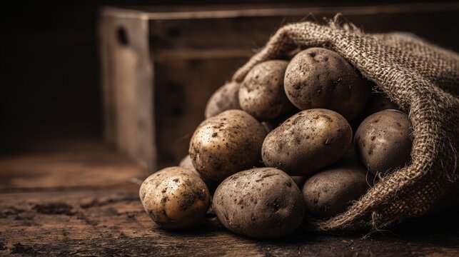Freshly harvested potatoes in a burlap sack on wooden surface