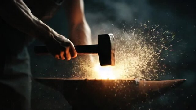 A blacksmith's arm swings, striking hot metal on an anvil, sparks fly in a dark setting
