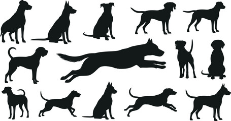 Dog silhouettes, black dog shapes, pet poses, canine vector, animal icons, dog clipart, running dog, sitting dog, walking dog, leaping dog, dog collection, dog graphics, dog illustrati