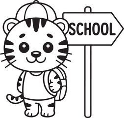Cute Cartoon Tiger with School Sign Line Art  Kawaii Back-to-School Coloring Page Illustration
